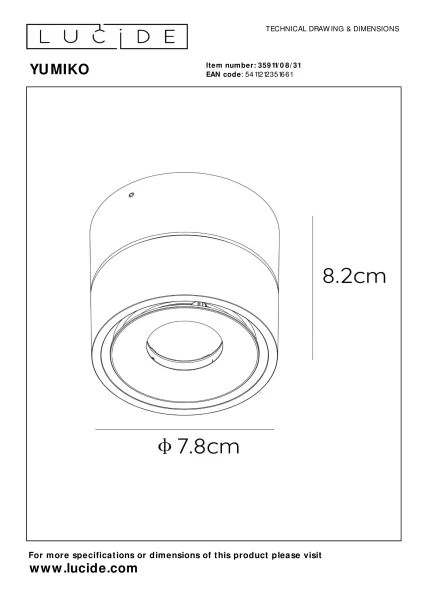 Lucide YUMIKO - Deckenstrahler - Ø 7,8 cm - LED Dim. - 1x10W 2700K - Weiß - technisch